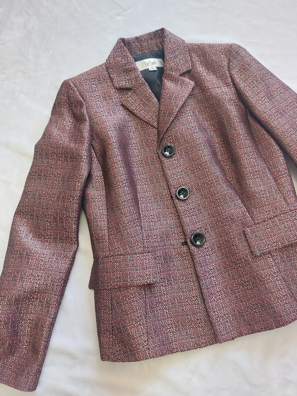 Le Suit Burgundy Tweed Blazer with Metallic Thread